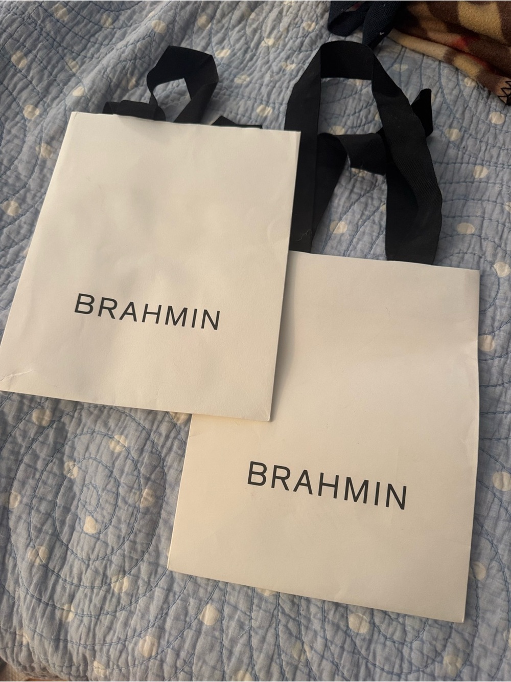 Brahmin White Paper Shopping Bags with Black Ribbon Handles (Pair)